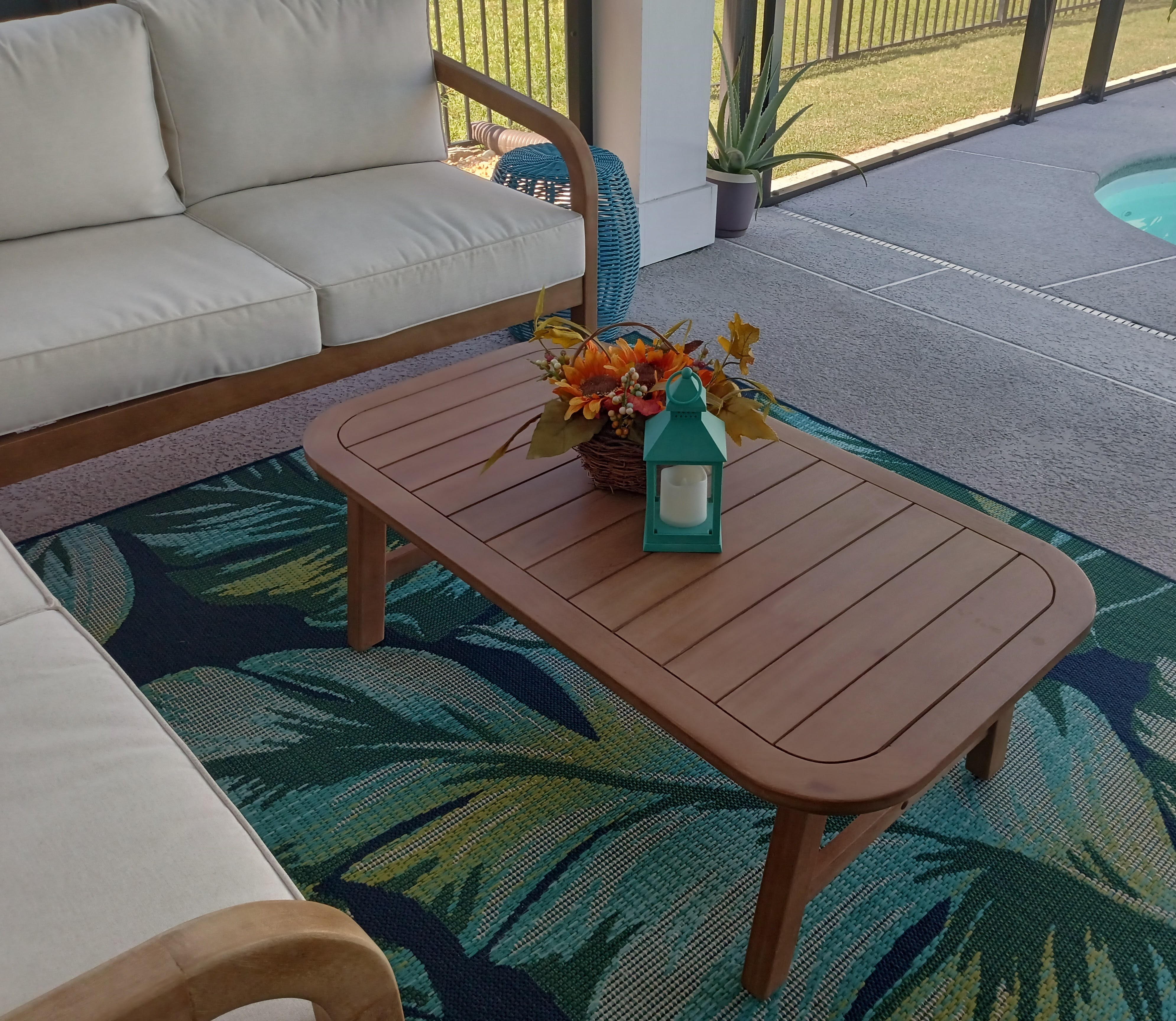 Screened lanai with teak furniture and tropical rug