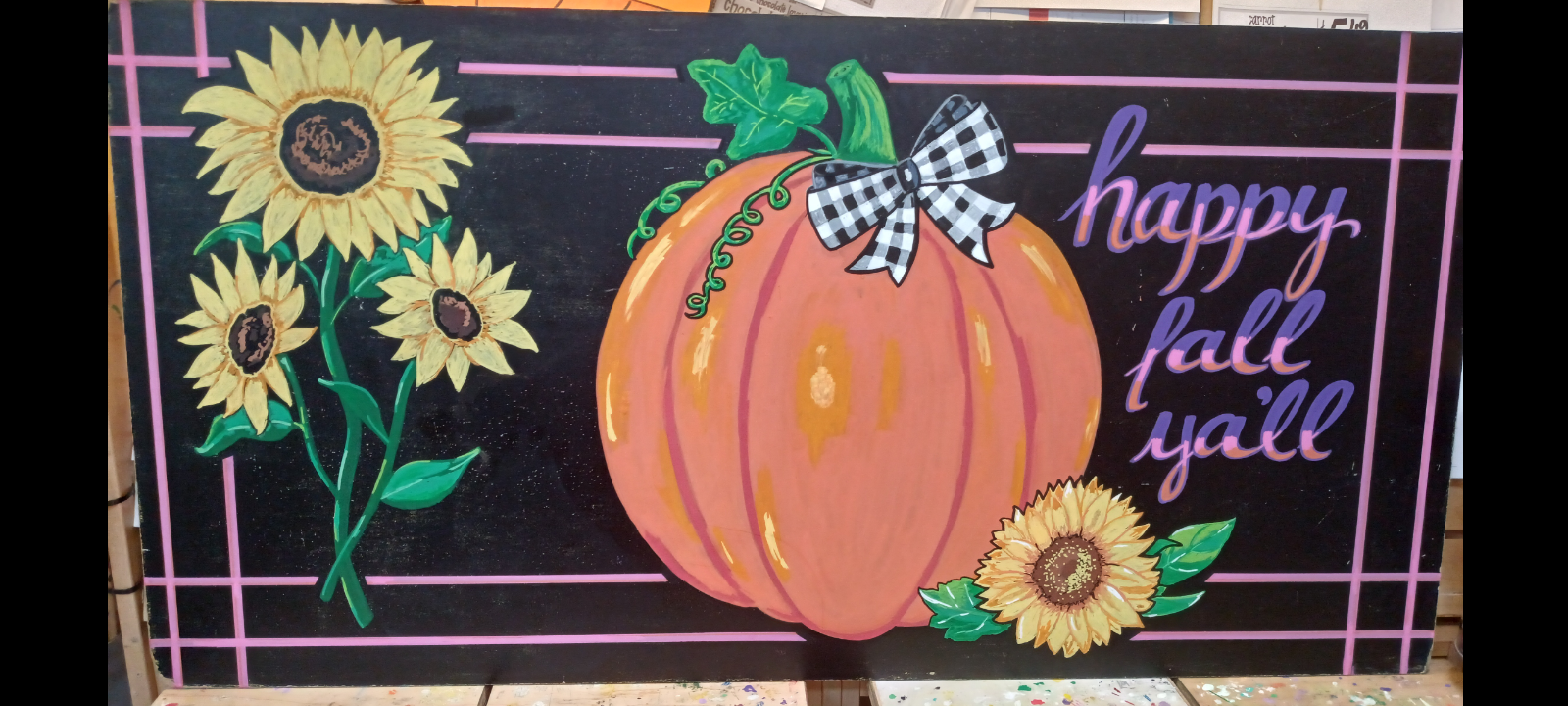 Happy Fall Y'all — hand-painted sign with pumpkin and sunflowers